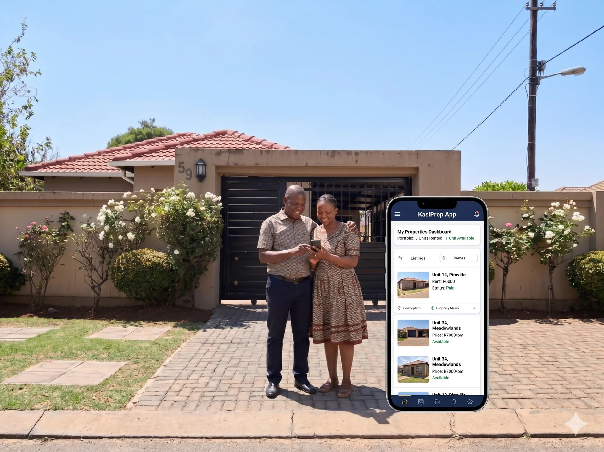 KasiProp digital property management app interface on a smartphone
